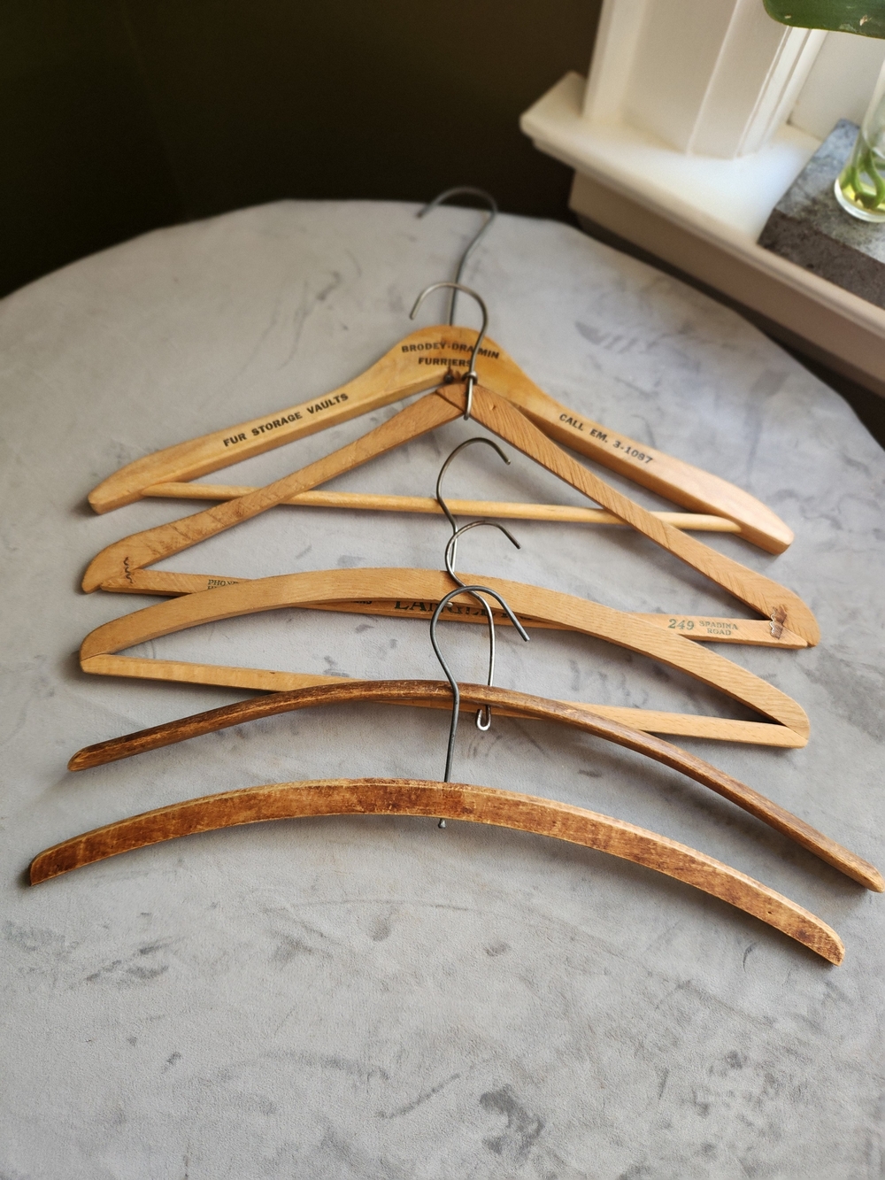 5 x Vintage Wood Promotional Clothes Hangers Antique Wood Cottagecore Decor